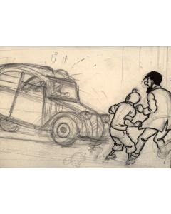 Tintin Moulinsart Museum Postcard 17,5x12,5cm - 80613 CP Pencil Sketch Tintin & Haddock 2CV
