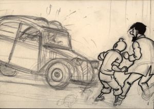 Tintin Moulinsart Museum Postcard 17,5x12,5cm - 80613 CP Pencil Sketch Tintin & Haddock 2CV