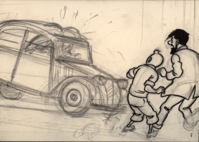 Tintin Moulinsart Museum Postcard 17,5x12,5cm - 80613 CP Pencil Sketch Tintin & Haddock 2CV